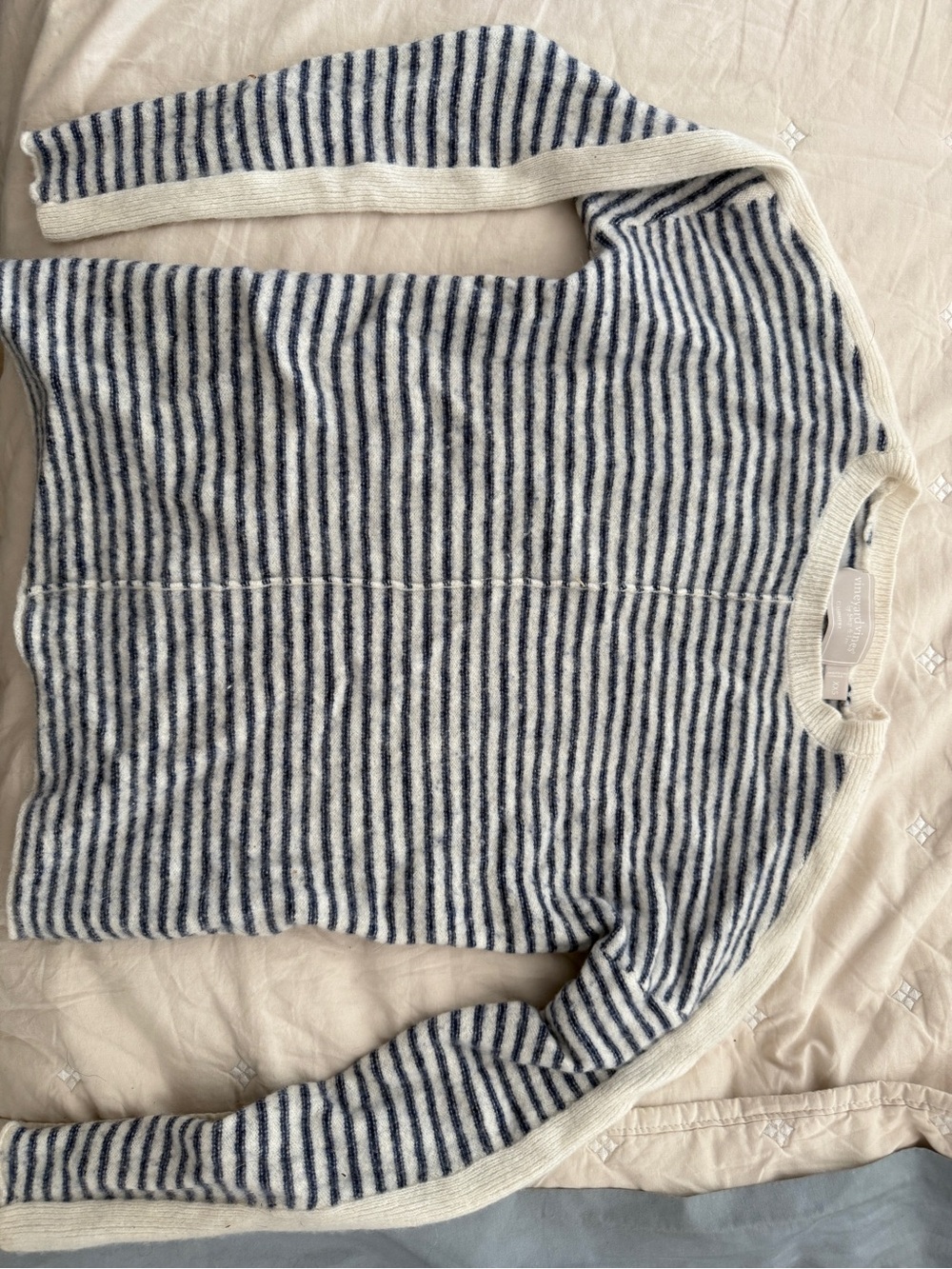 Vineyard Vines Cashmere Navy and Cream Striped Crewneck Sweater